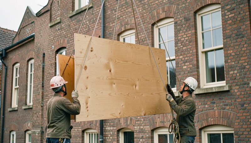 Ein großes, flaches Holztafelelement, so hoch wie ein Stockwerk und breiter als zwei Fenster, schwebt am Kranhaken dicht vor einer Backsteinfassade, zwei Monteure mit Helm halten es an Seilen, bedeckter Vormittag