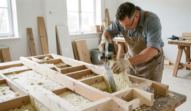 Zimmerer füllen in einer hellen Werkhalle die Gefache eines liegenden Holzrahmenelements mit Dämmstoff, die Fensteröffnung ist bereits ausgeschnitten